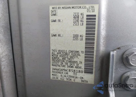 2010 Nissan Maxima 3.5 Sv z USA, uszkodzony, nr VIN 1N4AA5AP9AC858180